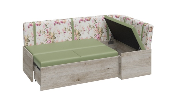 Скамья угловая со спальным местом «Париж» (Баттл Рок/ Цветы зелёные)