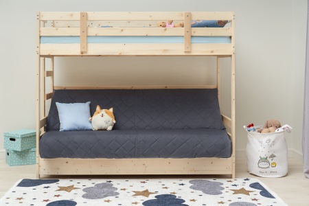 Двухъярусная кровать массив с диван-кроватью велюр серый / натуральный